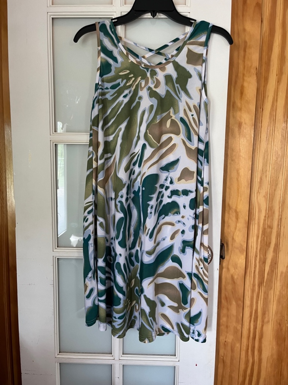 Sleeveless Abstract Print Tank Dress in Green, White & Tan
